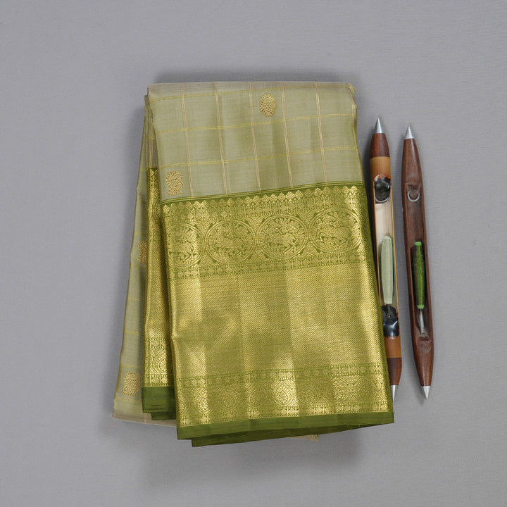 Hayagrivas Beige Handloom Kanjivaram Silk Saree with Olive Green Border BD549-SBS