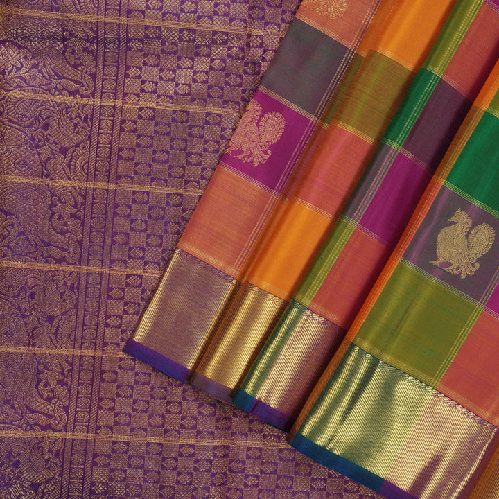 Hayagrivas Handloom Kanjivaram silk saree in Multi colour with Purple Paalum Pazhamum  BE124-SBS