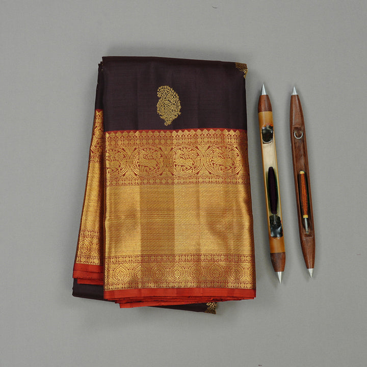 Hayagrivas Dark Brown Handloom Kanjivaram Silk Saree with Burnt Orange Border BE30-SBS