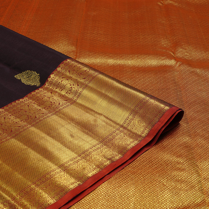 Hayagrivas Dark Brown Handloom Kanjivaram Silk Saree with Burnt Orange Border BE30-SBS