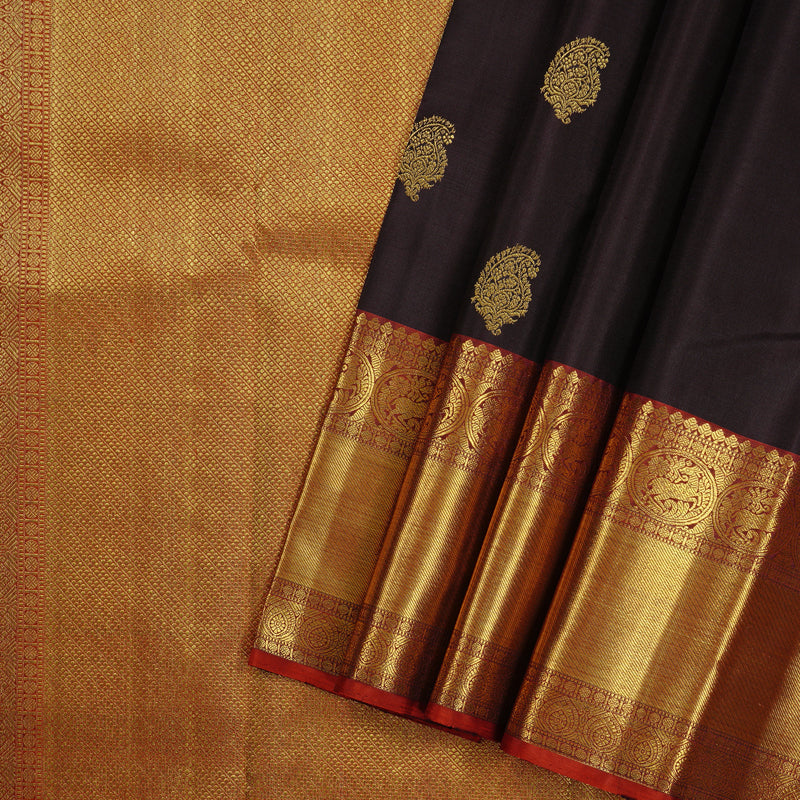 Hayagrivas Dark Brown Handloom Kanjivaram Silk Saree with Burnt Orange Border BE30-SBS