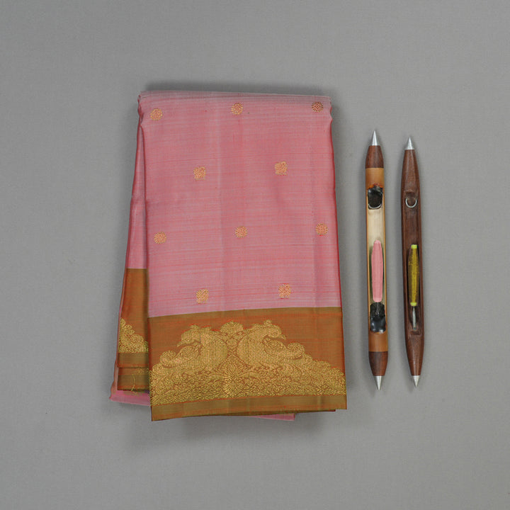 Hayagrivas Handwoven Kanjivaram Silk Saree in beautiful Blush pink with Antique gold contrast BE307-SBS