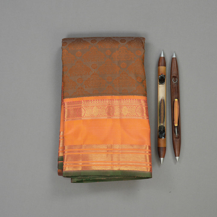 Hayagrivas Handloom Light Brown Kanjivaram Silk Saree with Mild Orange Border BE379-SBS