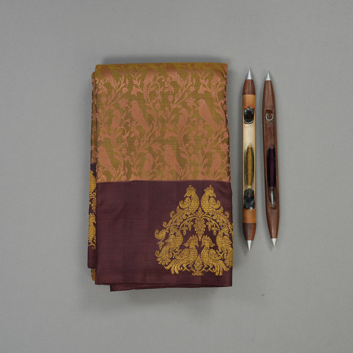 Hayagrivas Handloom Mehandi Green Kanjivaram Silk Saree with Wine Brown Border BE382-SBS