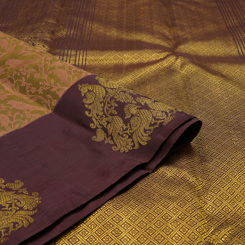 Hayagrivas Handloom Mehandi Green Kanjivaram Silk Saree with Wine Brown Border BE382-SBS