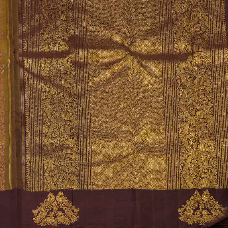 Hayagrivas Handloom Mehandi Green Kanjivaram Silk Saree with Wine Brown Border BE382-SBS