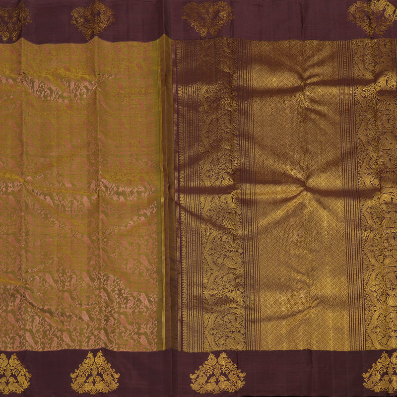 Hayagrivas Handloom Mehandi Green Kanjivaram Silk Saree with Wine Brown Border BE382-SBS