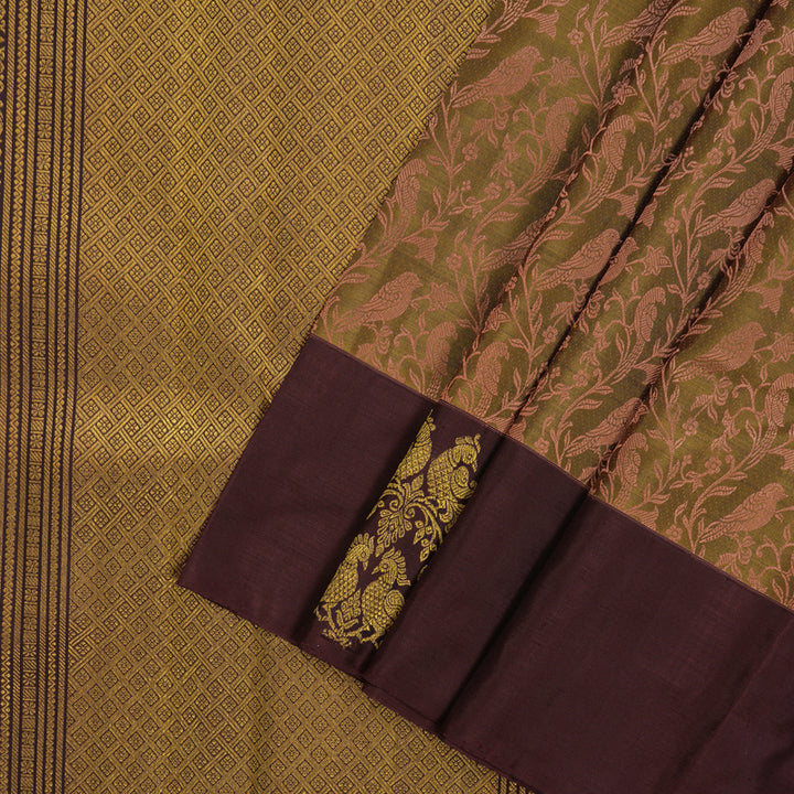 Hayagrivas Handloom Mehandi Green Kanjivaram Silk Saree with Wine Brown Border BE382-SBS