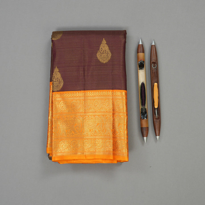 Hayagrivas Handloom Wine Purple Kanjivaram Silk Saree with Mango Orange Border BE384-SBS