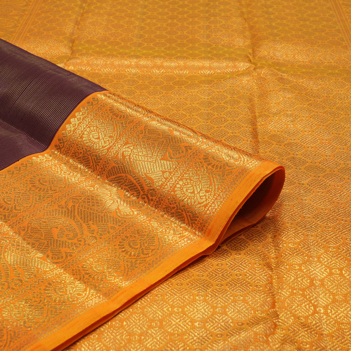 Hayagrivas Handloom Wine Purple Kanjivaram Silk Saree with Mango Orange Border BE384-SBS