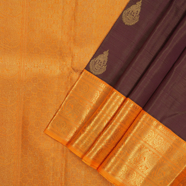 Hayagrivas Handloom Wine Purple Kanjivaram Silk Saree with Mango Orange Border BE384-SBS