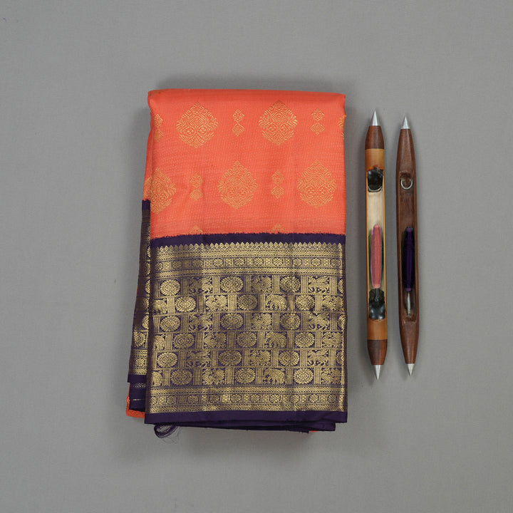 Hayagrivas Handloom Peach Orange Kanjivaram Silk Saree with Deep Violet Border BE392-SBS