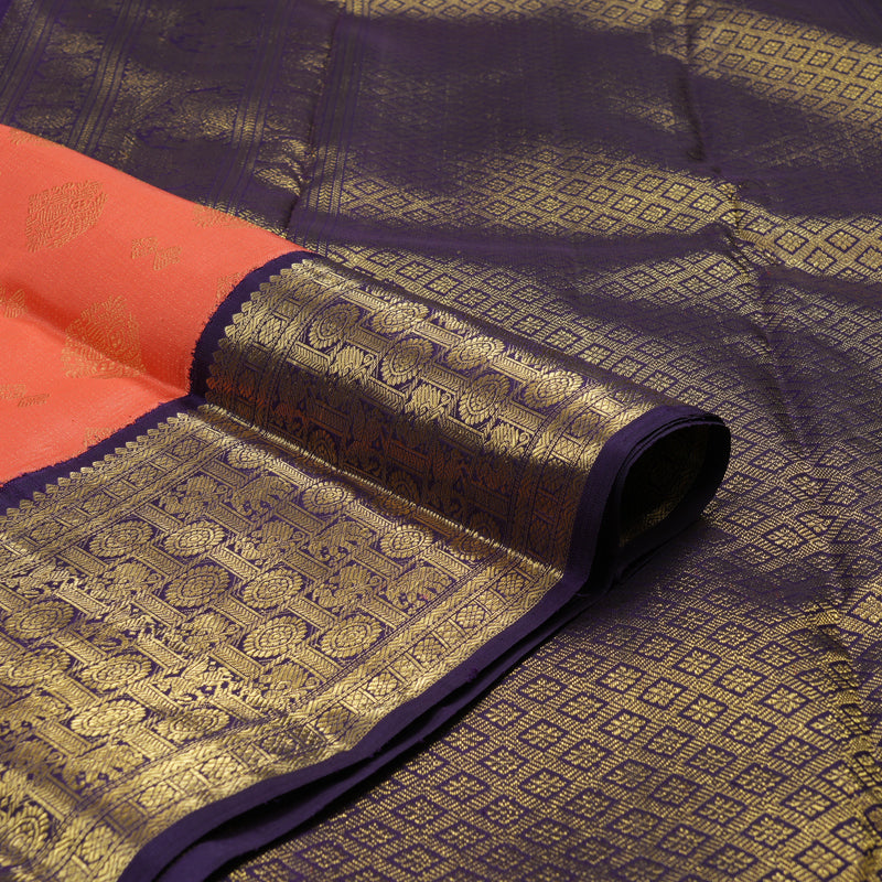 Hayagrivas Handloom Peach Orange Kanjivaram Silk Saree with Deep Violet Border BE392-SBS