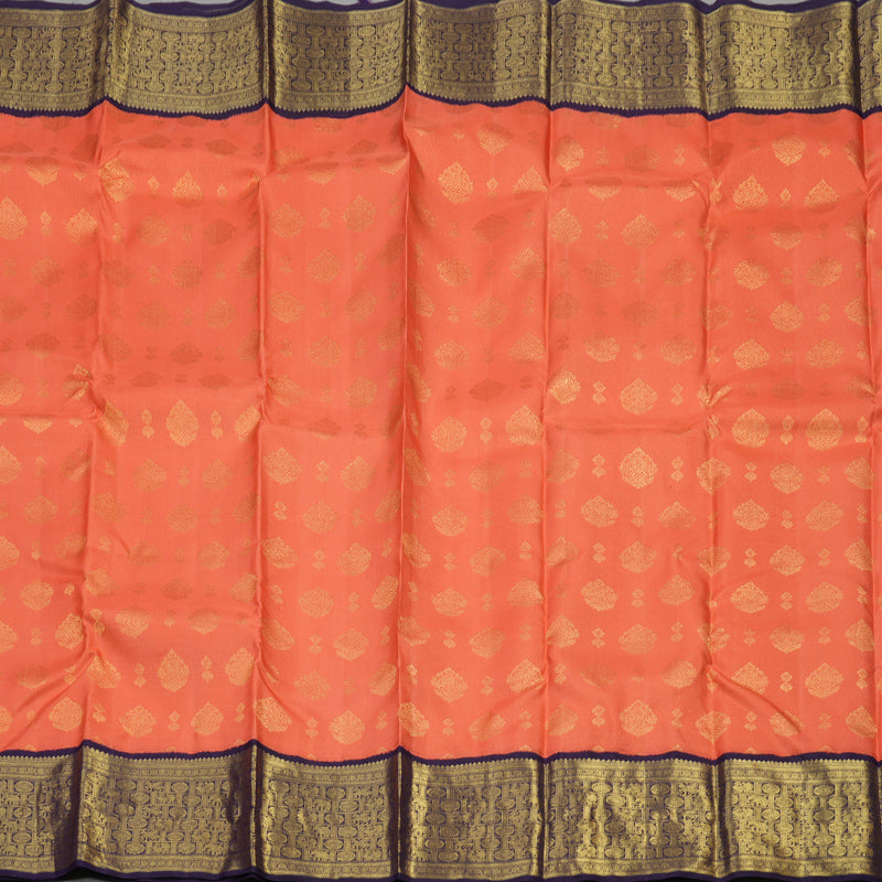 Hayagrivas Handloom Peach Orange Kanjivaram Silk Saree with Deep Violet Border BE392-SBS