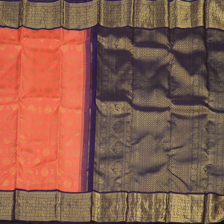 Hayagrivas Handloom Peach Orange Kanjivaram Silk Saree with Deep Violet Border BE392-SBS