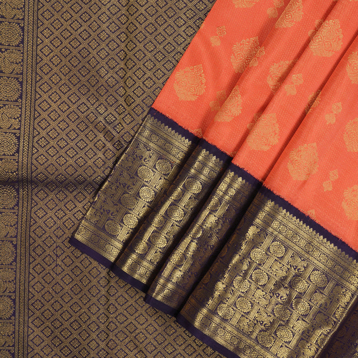 Hayagrivas Handloom Peach Orange Kanjivaram Silk Saree with Deep Violet Border BE392-SBS