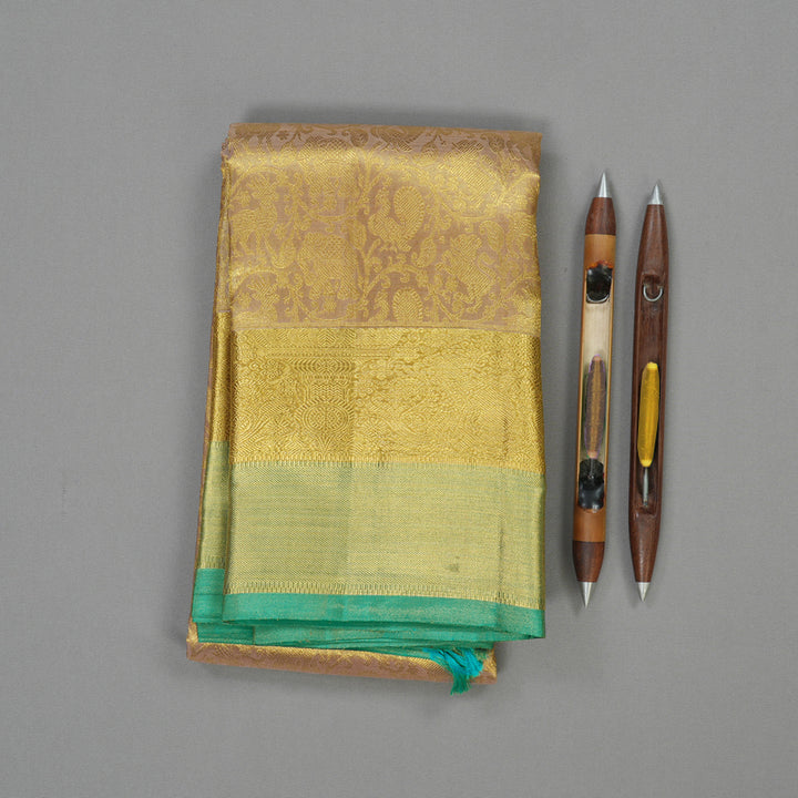 Hayagrivas Handloom Gold & Beige Kanjivaram Silk Saree with Golden and Teal Border BE449-SBS