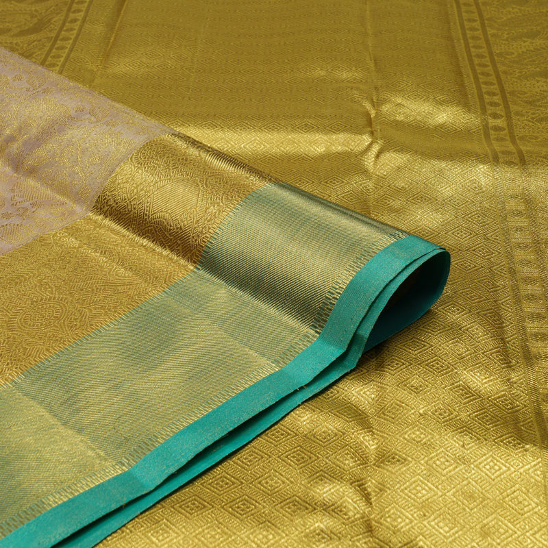 Hayagrivas Handloom Gold & Beige Kanjivaram Silk Saree with Golden and Teal Border BE449-SBS