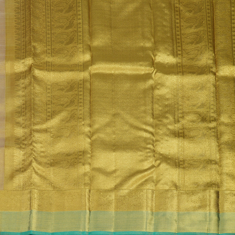 Hayagrivas Handloom Gold & Beige Kanjivaram Silk Saree with Golden and Teal Border BE449-SBS