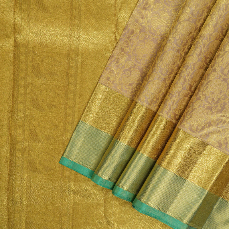 Hayagrivas Handloom Gold & Beige Kanjivaram Silk Saree with Golden and Teal Border BE449-SBS