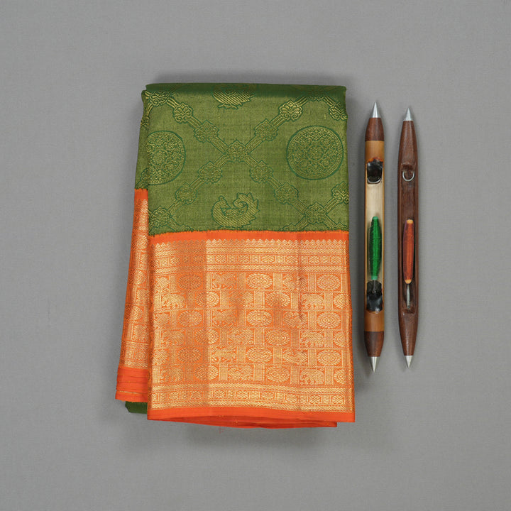 Hayagrivas Handloom Forest Green Kanjivaram Silk Saree with Orange Border BE460-SBS
