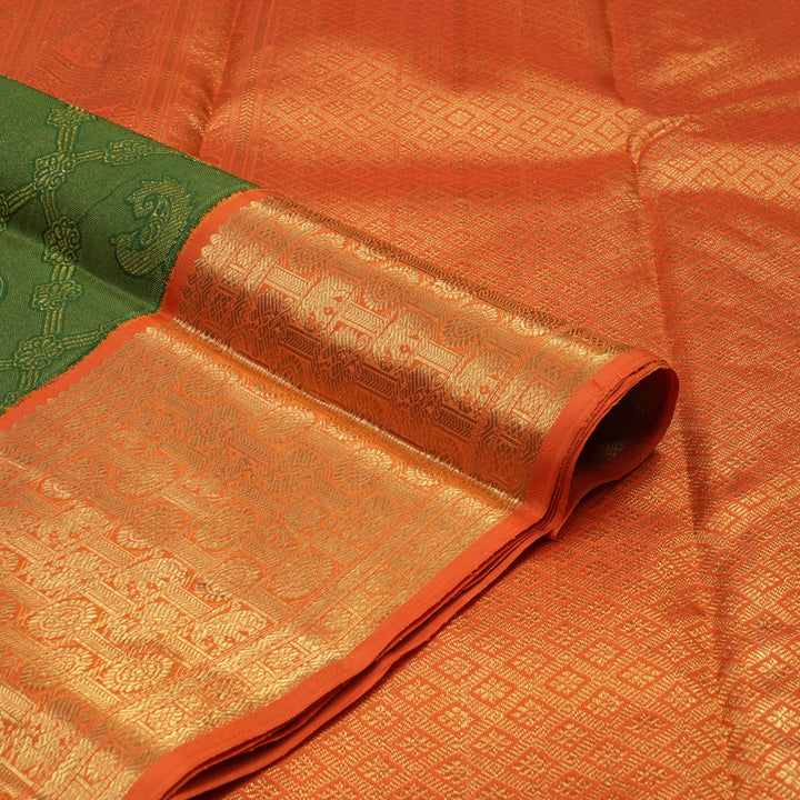 Hayagrivas Handloom Forest Green Kanjivaram Silk Saree with Orange Border BE460-SBS