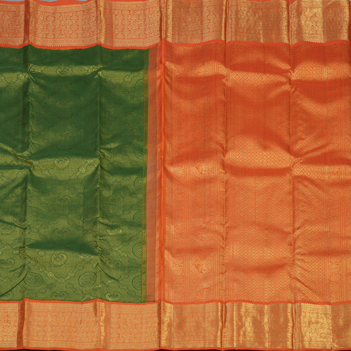 Hayagrivas Handloom Forest Green Kanjivaram Silk Saree with Orange Border BE460-SBS