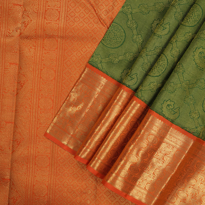 Hayagrivas Handloom Forest Green Kanjivaram Silk Saree with Orange Border BE460-SBS