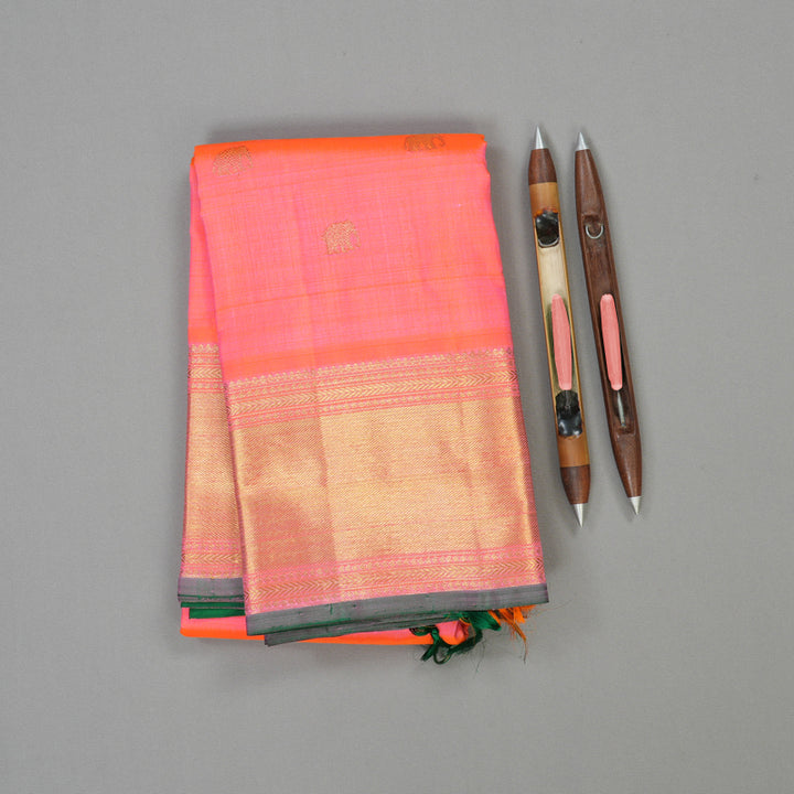 Hayagrivas Handloom Bright Pinkish-Orange Kanjivaram Silk Saree BE475-SBS