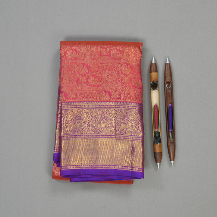 Hayagrivas Handloom Orangish Pink Kanjivaram Silk Saree with Purple Border BE491-SBS