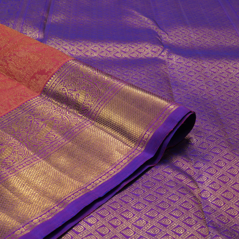 Hayagrivas Handloom Orangish Pink Kanjivaram Silk Saree with Purple Border BE491-SBS