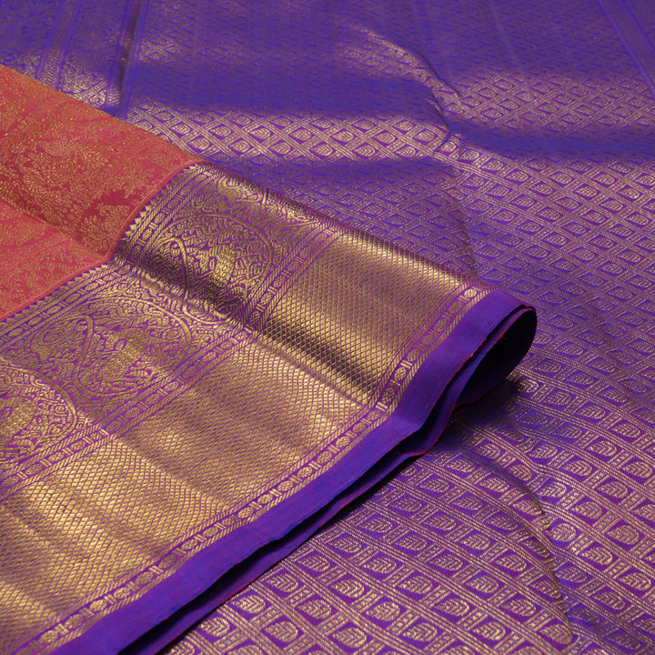 Hayagrivas Handloom Orangish Pink Kanjivaram Silk Saree with Purple Border BE491-SBS