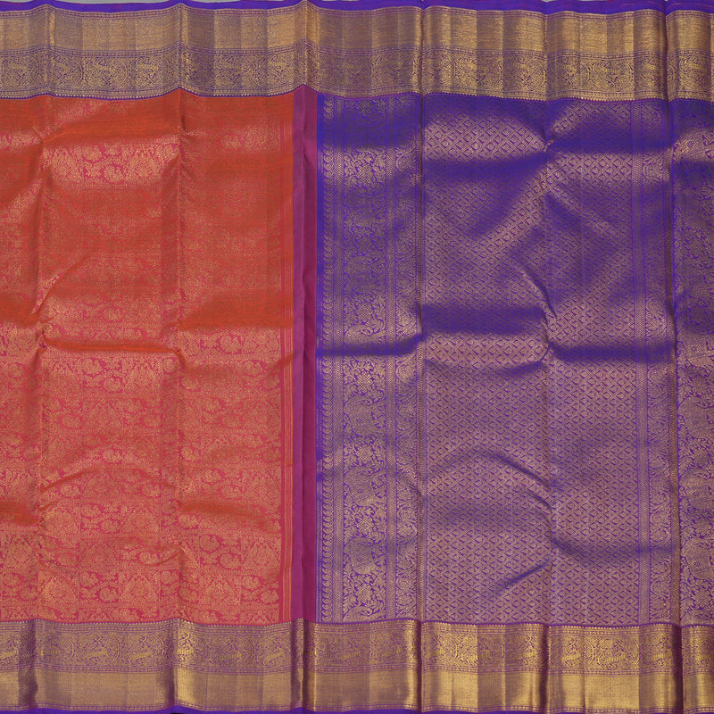 Hayagrivas Handloom Orangish Pink Kanjivaram Silk Saree with Purple Border BE491-SBS