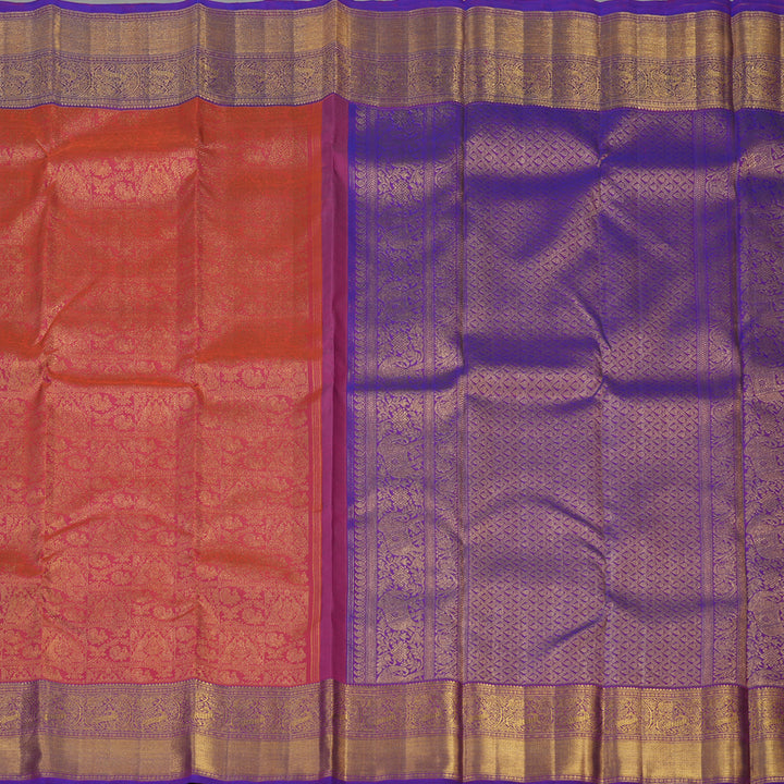 Hayagrivas Handloom Orangish Pink Kanjivaram Silk Saree with Purple Border BE491-SBS