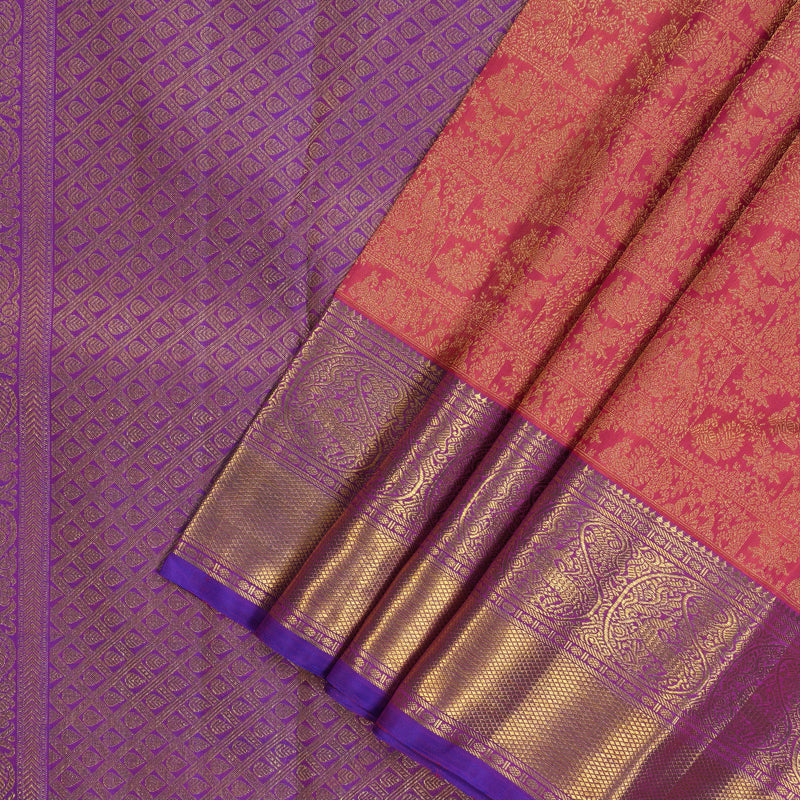 Hayagrivas Handloom Orangish Pink Kanjivaram Silk Saree with Purple Border BE491-SBS