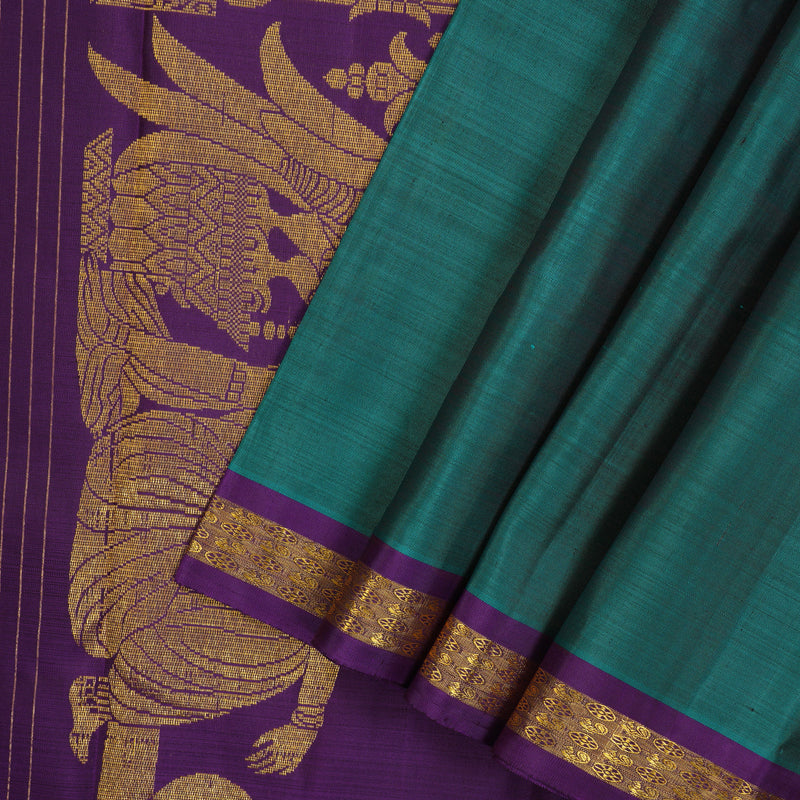 Hayagrivas Handloom Peacock Green Kanjivaram Silk Saree with Violet border BE493-SBS