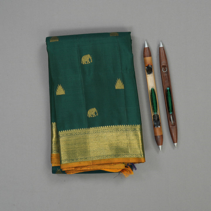 Hayagrivas Handloom Deep Peacock Green Kanjivaram Silk Saree with Sampanga Yellow Selvedge BE494-SBS