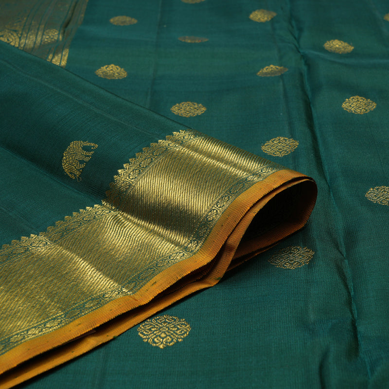 Hayagrivas Handloom Deep Peacock Green Kanjivaram Silk Saree with Sampanga Yellow Selvedge BE494-SBS