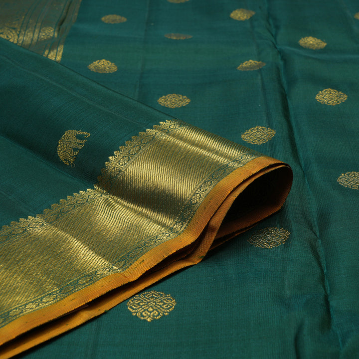 Hayagrivas Handloom Deep Peacock Green Kanjivaram Silk Saree with Sampanga Yellow Selvedge BE494-SBS