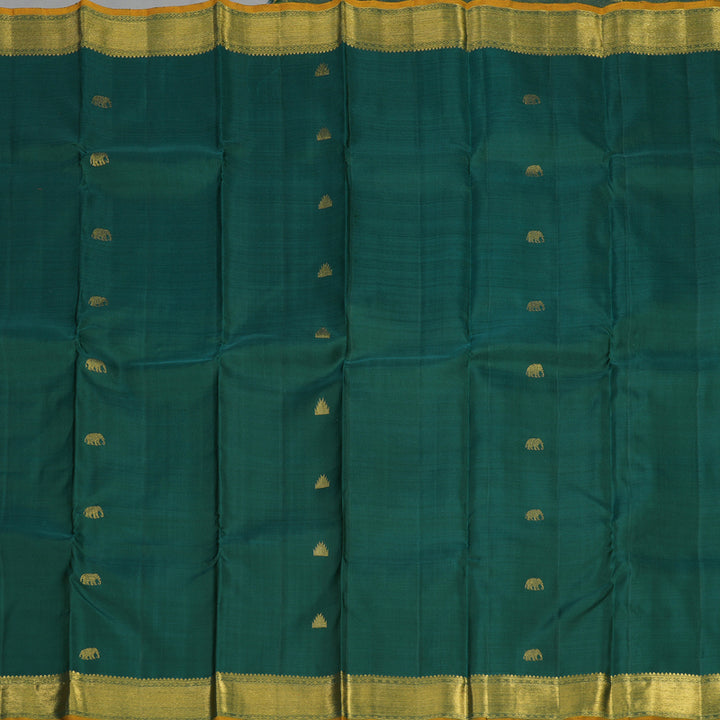 Hayagrivas Handloom Deep Peacock Green Kanjivaram Silk Saree with Sampanga Yellow Selvedge BE494-SBS