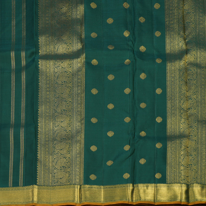 Hayagrivas Handloom Deep Peacock Green Kanjivaram Silk Saree with Sampanga Yellow Selvedge BE494-SBS