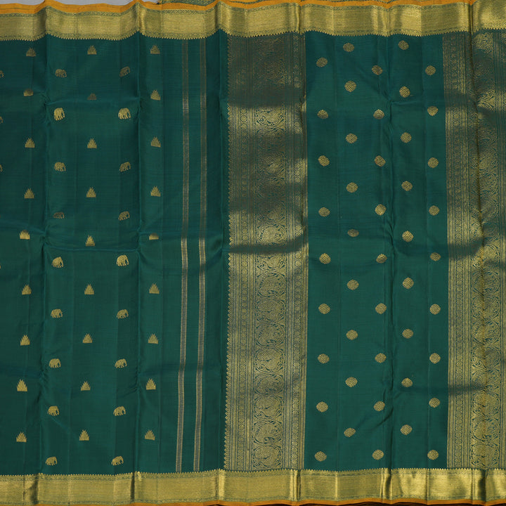 Hayagrivas Handloom Deep Peacock Green Kanjivaram Silk Saree with Sampanga Yellow Selvedge BE494-SBS