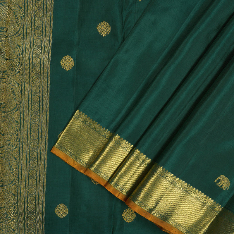 Hayagrivas Handloom Deep Peacock Green Kanjivaram Silk Saree with Sampanga Yellow Selvedge BE494-SBS