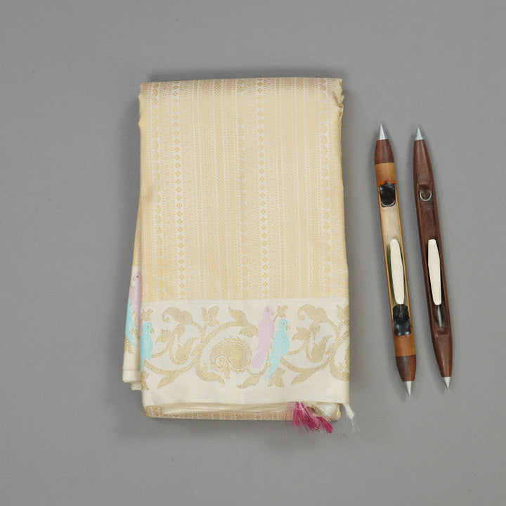 Hayagrivas Elegant Handwoven Kanjivaram Silk Saree in Creamy Half White BE497-SBS