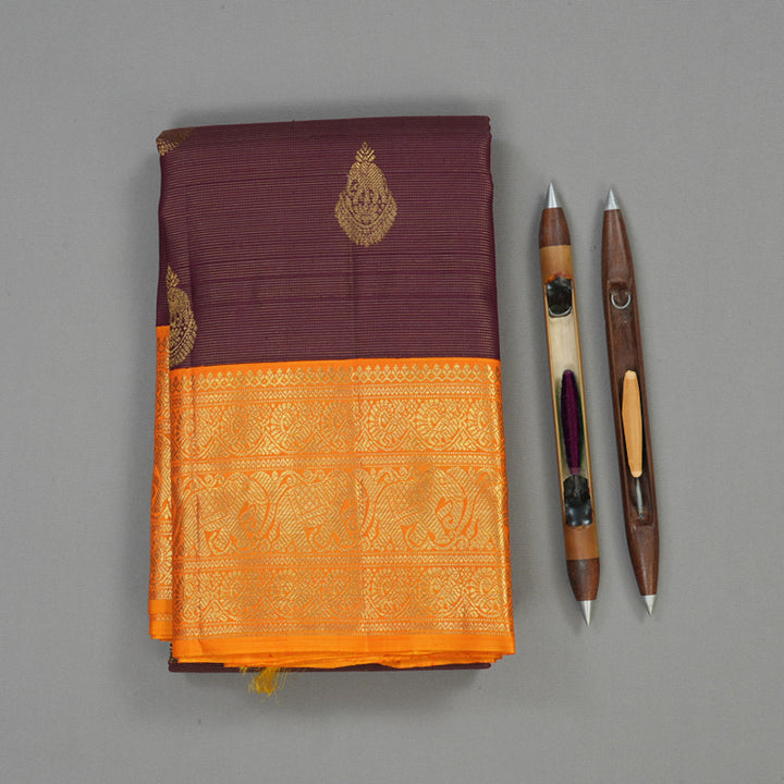 Hayagrivas Handloom Deep Violet Kanjivaram Silk Saree with Orange Border BE504-SBS