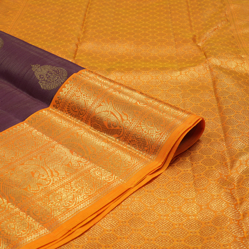 Hayagrivas Handloom Deep Violet Kanjivaram Silk Saree with Orange Border BE504-SBS