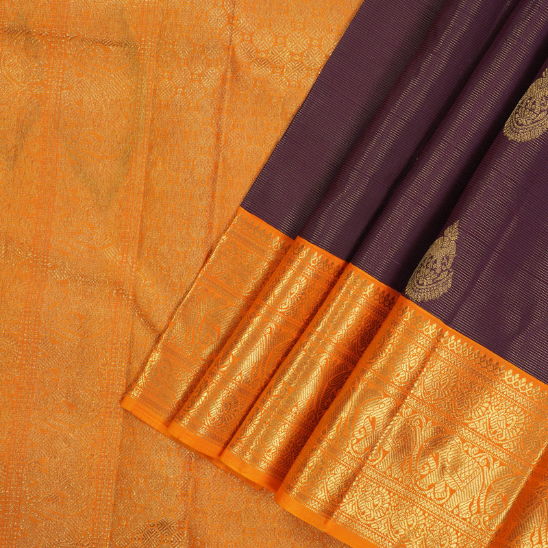 Hayagrivas Handloom Deep Violet Kanjivaram Silk Saree with Orange Border BE504-SBS
