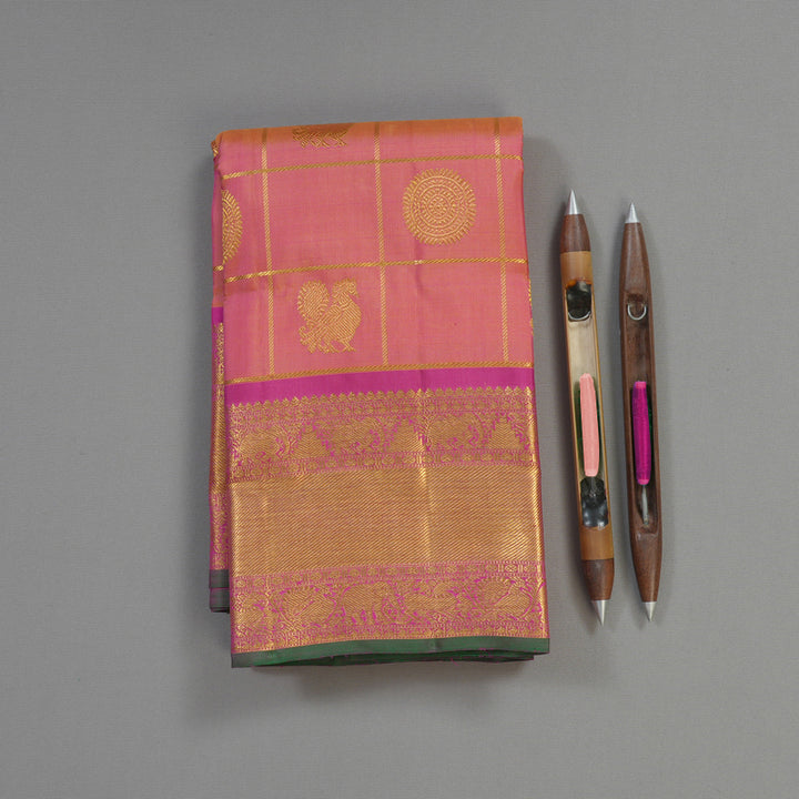 Hayagrivas Handloom Pinkish Orange Kanjivaram Silk Saree with Magenta border BE514-SBS