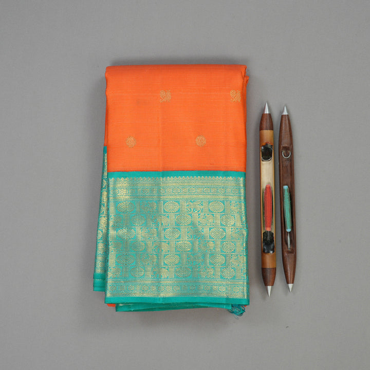 Hayagrivas Handloom Orange Kanjivaram Silk Saree with Aqua Green border BE578-SBS