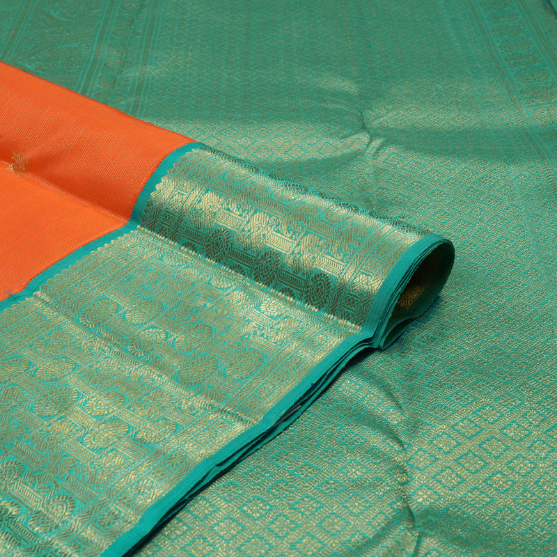 Hayagrivas Handloom Orange Kanjivaram Silk Saree with Aqua Green border BE578-SBS